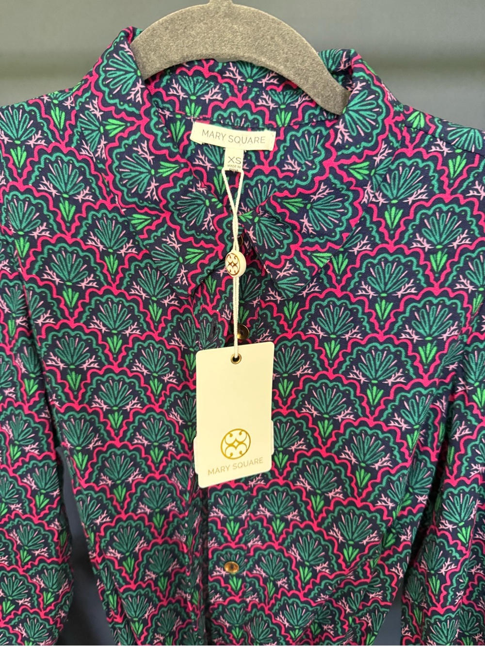 Mary Square Women's Maxi Dress in Navy with Pink & Green Pattern